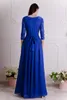 Royal Blue Lace Chiffon A-Line Long Modest Bridesmaid Klänningar med 3/4 Ärmar Vuxen Kvinnor Boho Modest Wedding Party Dress