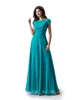 Enkel turkos A-Line Lace Chiffon Long Modest Prom Klänning med Cap Sleeves Ny Jewel Golv Längd Teal Wed Party Dress