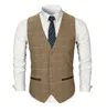 Smart Casual Men Vest Suit Brown Tweed Vest Slim Fit British Style Cotton Sing Breasted Plaid Wedding Dress Waistcoat Suit