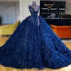 Marineblauw Baljurk Prom Jurken Sexy Illusion Hoge Hals Glitter Crystal Prom Dress Tiered Rokken Tule Robe de Soiree