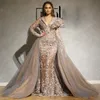 Arabski Dubaj Koronki Syrenki Suknie Wieczorowe Długotne Zdejmowane Pociąg Aplikacja Pełna Rękaw Overtkirts Prom Dress V Neck Tulle Robe de Soiree