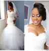 Robes de mariée sirène en dentelle sud-africaine 2019 été, plus la taille queue de poisson robes de mariée mancherons tulle étage longueur robes de mariée