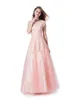 Rosa A-line Lace Tulle Modest Prom Vestidos com mangas Jewel Neck Pavimento Adolescentes Comprimento Formal Modest Partido Prom Vestidos Custom Made