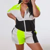 Women plus size Sweatsuit casual 2 piece set short sleeve t shirt+panelled shorts summer clothes sports jogger suit pocket outfits 2805