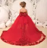 Abiti da spettacolo per bambine con paillettes rosse scintillanti Abito da ballo in tulle rimovibile con strascico Abiti da festa di compleanno per bambini alti e bassi con fiocco