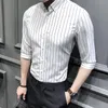 marca 2020 Tops Moda Masculina Verão puro algodão camisa meio manga Negócios / listras lapela de alta qualidade Men Casual camisas S-5XL