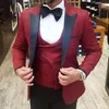 Sommar Bourgogne Mens Passar 3 stycken Slim Fit Groom Tuxedos för Man Bröllopskläder Formell Office Blazer (Jacka + Vest + Byxor)