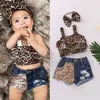 2020 Baby Girl kläder nyfödda barn baby flickor kläder leopard tryck t shirt denim paljett shorts pannband kläder set