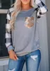 Top da donna O-Collo maniche lunghe T-shirt con stampa scozzese patchwork Camicie da donna Tasche con paillettes Tasche facili da autunno Blusas Mujer LJJA3206