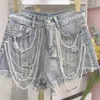 Kvinnor Nya Summer Rhinestone Pearls Tassels Pärlor Hög midja denim Shorts Kvinna Casual Wide Leg Chic Wild Y109