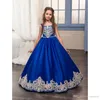 Lange koninklijke blauwe kant vintage bruiloft bloem meisje jurken met boog sjerp elegante kinderen communie avondjurken voor kinderen kleine meisjes