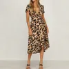 Womens Leopard Print Boho Maxi Dress Ladies Holiday Long Short Sleeve Dress