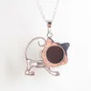 WOJIAER Cute Animal Cat Pendants Suspension Bead Round Natural GemStone Energy Fashion Jewelry for Women BE905