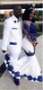 New White Satin Royal Blue Lace Aso Ebi African Prom Klänningar Lång Illusion Sleeves Applique Evening Formell Kappor Pageant Celebrity Dress