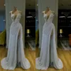 2020 glitter sexy um ombro vestidos de noite de luxo de alta fenda Ruched lantejoulas frisado vestido de baile varredura trem personalizado feitos festas