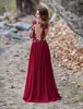 Ülke Stil Bir Çizgi Jewel Bordo Uzun Gelinlik Modelleri Kat Uzunluk Şifon Aplikler Dantel Uzun Kollu Örgün Abiye giyim