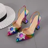 Hot Sale-2020 shoes fashion rainbow Sexy Diamond Crystal sun flower pointed toe High Heel Sandals Dress Shoes . LX-005