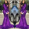 Purple V Neck Sequins Mermaid Long Prom Dresses Sparkling Long Sleeves Ruched Formal Celebrity Evening Party Gowns Plus Size BC4023