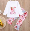 Conjunto de 2 peças para bebês meninas, manga babado, coelho, estampa floral, primavera, outono, roupas boutique para crianças pequenas