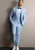 Açık Mavi Damat Smokin Çentik Yaka Sağdıç Düğün Smokin Erkekler Balo Parti Ceket Blazer 3 Parça Suit (Ceket + Pantolon + Kravat + Yelek) 2270