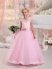 Flower Girl Dresses Princess Sheer Crew Applique Girls Pageant Gowns with Bow Sash Back