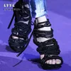 2019 Черные смешанные цветные туфли на каблуках с открытыми пальцами, дамы, летние сандалии плетение веревочного узелка впадины женские сандалии 6137231