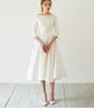 Simple Tea Length Satin Short Wedding Dress Modest With 3/4 Sleeves Boat Neck A-line 50S 60s Informal Bridal Gowns Short