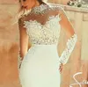 2020 New Exquisite Sheer Back Sheath Wedding Dress High neck With Pearls See Through Long Sleeves Floor Length Wedding Dresses 773