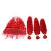 Reine rote, tief gewellte Echthaar-Webart-Bündel mit Frontal, tief gewelltes, leuchtend rotes malaysisches Echthaar, 13x4-Spitzenfrontverschluss mit Webart