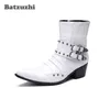 Western Zapatos Hombre Cowboy Men Boots 6.5cm Heels White Leather Punk Style Pointed Toe Military Motorcycle High Top Hombre