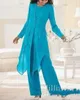 Elegant Plus Size Mother Of the Bride Pant Suits Chiffon With Long Sleeves Jewel Neck Ruffles Mother Suits with Jacket