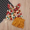 Venda por atacado crianças designer roupas meninas girassol tassel colete tops lotus folha colarinho + bow calças curtas roupas de bebê menina roupas BY0964