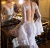 Seksowne sukienki ślubne bez backless Full koronki 2019 długi dzwonek V Neck Bohemian Beach Boho Bridal Suknie