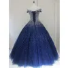 Navy Blue Quinceanera Jurken Bling Beaded Off The Shoulder Corset Back A-Line Sweet 16 Dress Tulle Prom Dress Formal Women Pageant