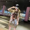 HELLO528SHOP 2019 Bayan T Shirt Elbise Gevşek Kaplan Kafası Desen Gömlek Sequins Parlayan Tasarımcı Bayan Gece Kulübü Tops