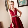 Empire Waist Dark Red Dresses Evening Wear Formal 2019 Plunging V Open Back Beaded Sashes Satin Prom Dress Evening Gowns Party Cheap Long