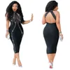 Bodycon Party Dresses Kvinnor Sexig Rhinestone Stripe Halter Backless Sheer Mesh Patchwork Zipper Knä Längd Mini Club Dresses