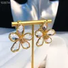 Fashion-Vintage Classic Brand Designer Koppar Guld Full Crystal Fem Leaf Clover Flower Shinning Big Stud Örhängen för Kvinnor Smycken