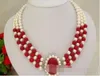 Halskette Kostenloser Versand ++Klassische 3 Reihen 7-8mm runde weiße Süßwasserperlen rote Perlenkette 17-19''