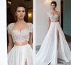 2020 Aline två bitar Vit Bröllopsklänningar Cap Sleeves Split Long Chiffon Bohemian Beach Bridal Gowns