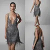 Berta 2019 Sexy Cocktail Dresses Tassel Short Spaghetti V Neck Backless Beaded Prom Gowns Illusion Luxury Formal Evening Dress