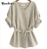 Fashion-Raodaren Summer 5XL Plus Size Women Shirts Linen Tunic Shirt V Neck Big Bow Batwing Tie Loose Ladies Blouse Female Top For Tops