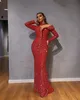 Sparky Red Mermaid Prom Dresses Wysokiej szyi Zroszony Cekiny Długie Rękawy Suknia Wieczorowa Ruffles Sweep Train Custom Made Formal Party Suknie