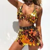 Bling Sequins İki 2 Parça Setleri Halter Metal Zincir Kırpma Tops Chic Mini Etek Yaz Seksi Parti Clubwear Rave Festivali Kıyafetler