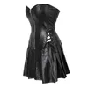 Plus Size S-6xl Black Zipper Pu Leather Corset Bustier Dress Set Overbust Sexig underkläder Kvinnor LACE UP CORSETT TOPS kjol thong