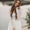 Sexy Elegant White Beach Wedding Dresses A-line Chiffon Lace Top V-Neck With Long Sleeves Backless Draped Bridal Gown Illusion Vestidos