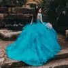 Abiti Quinceanera con perline di pizzo blu Collo trasparente Maniche lunghe Abito da festa dolce 16 Abiti da sera con volant di dimensioni personalizzate Tulle Abiti da sera per la laurea