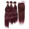 Wijnrood Indisch Menselijk Haar Weave Weefs met CLSoure Silky rechte # 99j Bourgondië Menselijk Haar 3bundles met 4x4 Kantsluiting 4pcs Lot