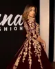 Burgundy Velvet Evening Formal Dresses with Half Sleeve 2020 Luxury Lace Applique V-neck Kaftan Caftan Arabic Occasion Prom Dress