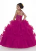 Champagne Girls Pageant Dresses Floor Length Tulle Ball Gown with Sheer Halter Neckline Beaded Lace-up Ruffled Skirt Puffy Flower Girl Dress